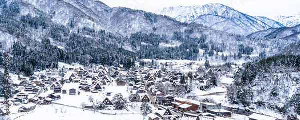 Fototapeta Shirakawa-go (Shirakawa Village) in winter. Panoramic view from the observatory. Copy space