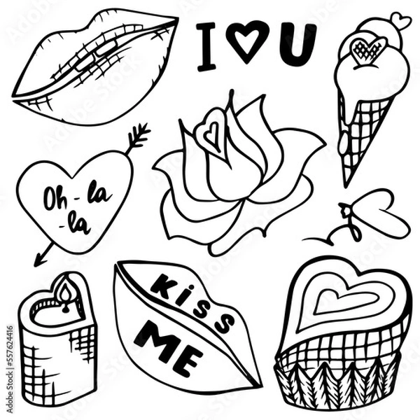 Fototapeta Set of decorative elements isolated on white for Saint Valentines day. Vector illustration of cupcake, ice-cream, lips, candle, rose, hearts, lettering.