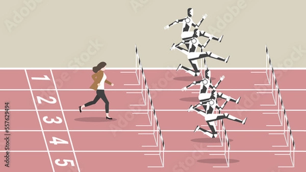 Fototapeta Feminist, Woman power, Ambition lady and Competition of businesswoman with robot AI automation technology run in a race track. Concept of a CEO female, The loser is slower and out of date people.