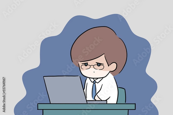 Obraz 残業が辛い男性のイラスト　眼鏡をかけた男性　　デスクワーク　余白スペース　悪寒　体調不良　冷や汗　仕事辞めたい