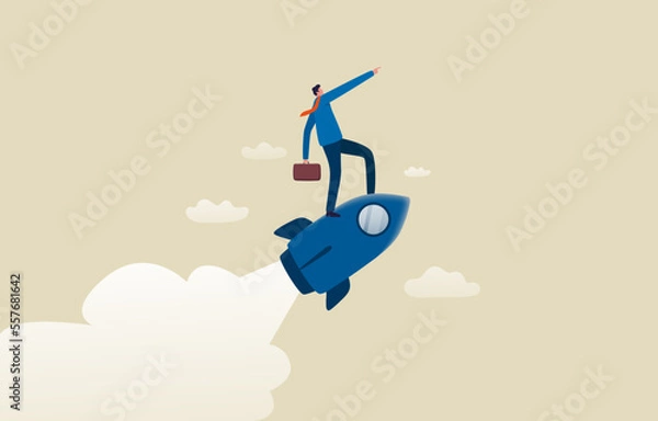 Fototapeta Career start or growth. .Ambition for success. Launch new work, job, startup project concept. Businessman with a rocket rising.