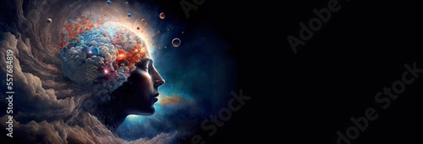 Fototapeta 3rd eye is activated and in harmony with the cosmos, pineal gland connected to spirituality, metaphysic, meditation, chakra, esoteric, illustration, space for your text, generated ai