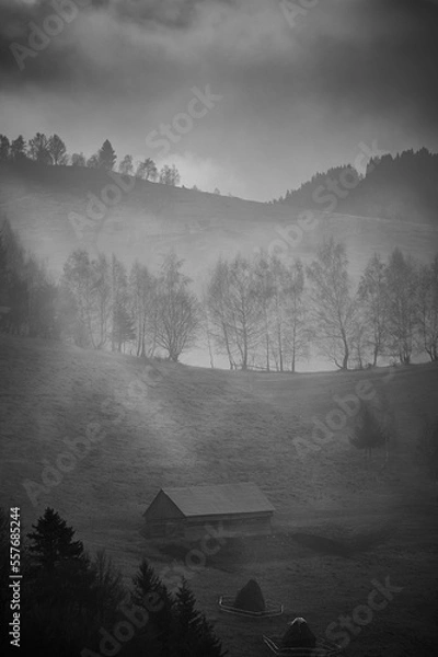 Obraz Ray of light in a misty autumn countryside landscape. Small hut and haystack. Black and white