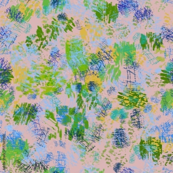 Fototapeta Seamless pattern of abstract elements in blue and green shades on a pink background for textile.