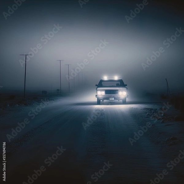 Fototapeta A mysterious car waits on a lonely road. 