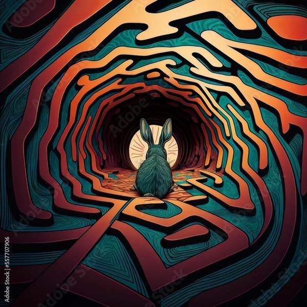 Fototapeta Illustration of a white rabbit in the labyrinth. Concept of down the rabbit hole.