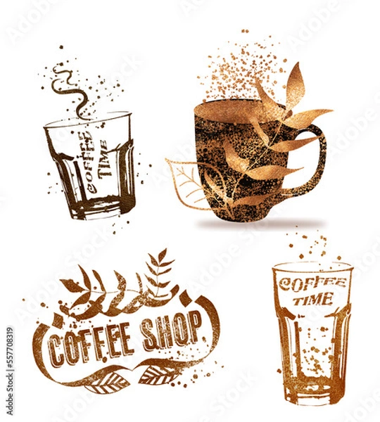 Obraz Coffee shop - Coffee time for coffee lovers. Coffee with coffee beans, coffee pot, espresso macchiato. Isolated on a white background. Coffee print design with mocha pot and different coffee mugs.