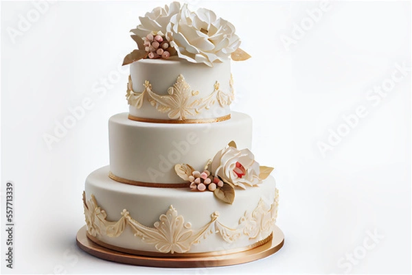Fototapeta Three tier wedding cake with pastel colored icing on a white background