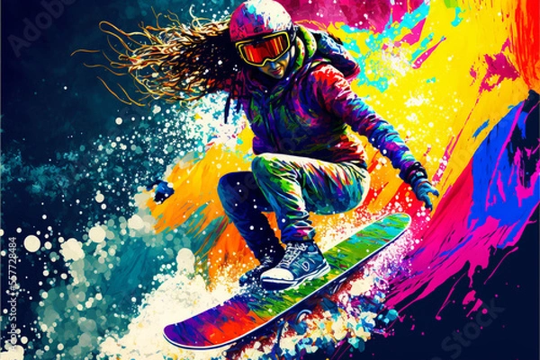 Fototapeta Snowboarding women girl jumping with snowboard, extreme winter sport, a fictional character, Generative AI