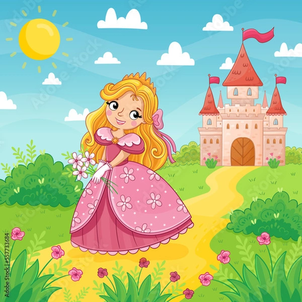 Fototapeta Cute little girl and princess in a pink beautiful dress stand on a background of a castle in a green meadow. Vector illustration in a cartoon style.