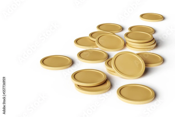 Obraz Mockup of coins or golden tokens randomly scattered on a surface viewed from above, suitable for financial design concepts.  High quality 3D rendering.