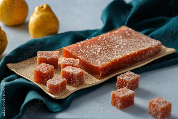 Obraz La pâte de coing traditionnelle sur un plateau derrière les coings entiers