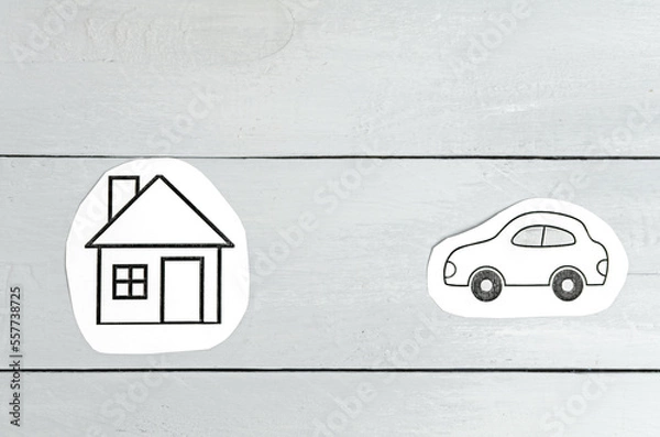 Obraz Paper house and car on a gray background