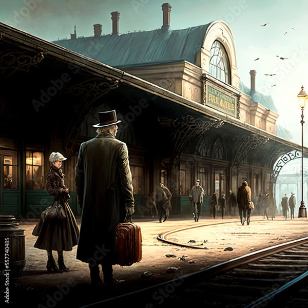 Fototapeta a group of people stand outside a train