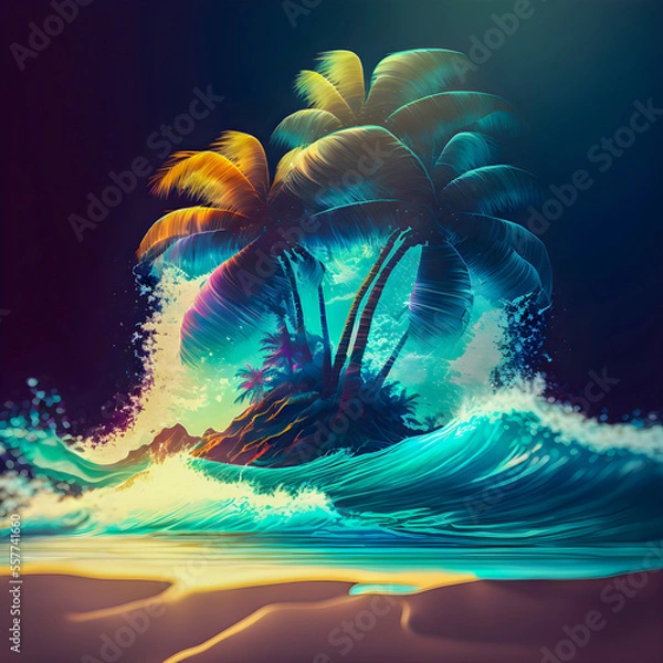 Fototapeta Hawaii palm tree and ocean waves illustartion