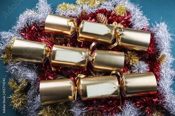Obraz Christmas Crackers with blank labels - red, gold, silver and gre