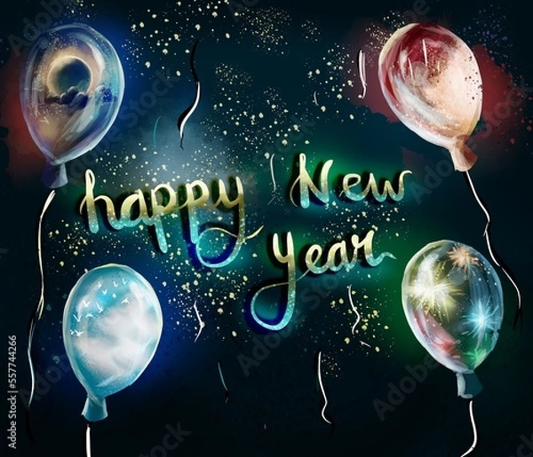 Obraz happy new year greetings and congratulations with colorful balloons