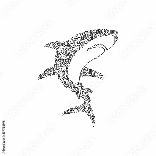 Fototapeta Single one curly line drawing of marine predator abstract art. Continuous line draw graphic design vector illustration of dangerous shark  for icon, symbol, company logo, and poster wall decor