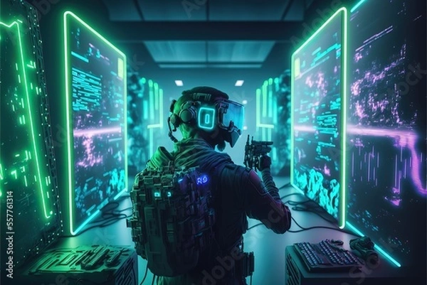 Fototapeta First person shooter online video game being played by a pro on a powerful machine with neon neon lights. Cyber performs on a computer in a chic room during a gaming competition.. Generative AI