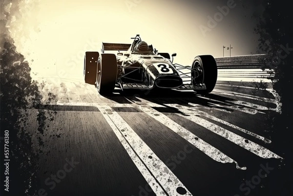 Fototapeta Asphalt of the international race track with a race car at the start. Racer on a racing car passes the track. Generative AI
