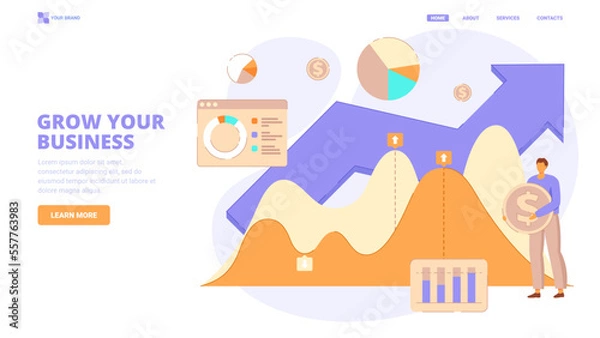 Fototapeta Business success, data analytics, information analysis, statistics vector illustration with character. Business growth flat illustration. Vector concept for website, landing page, banner, hero image. 