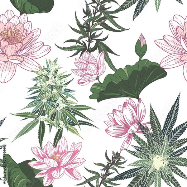 Fototapeta Lotuses and cannabis flowers and leaves. Seamless vector pattern with handdrawn illustrations