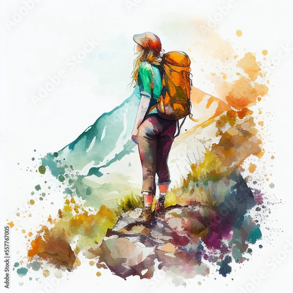 Obraz Majestic Summit: A Solo Hiker's Journey through the Mountains Aquarel Painting Styles (Ai generated)	