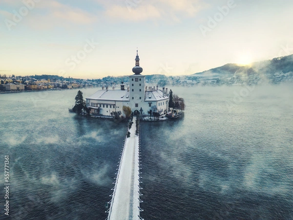 Fototapeta Drone View of Schloss Orth (or Schloss Orth) in Gmunden, Austria