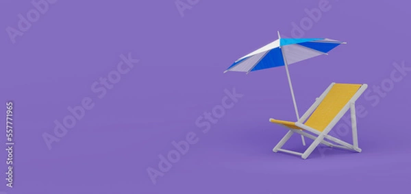Obraz Summer time concept with beach chair and beach umbrella on purple background, 3d rendering.