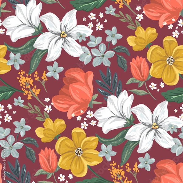 Fototapeta Red, yellow Tulips, white Lilies flowers. Seamless pattern with vector Hand drawn digital illustrations with floral theme