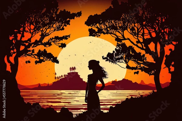 Fototapeta Sunset scene with a woman's silhouette doing yoga. Generative AI