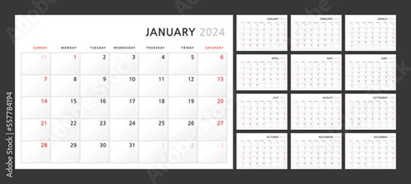 Obraz Wall quarterly calendar template for 2024 in a classic minimalist style. Week starts on Sunday. Set of 12 months. Corporate Planner Template. A4 format horizontal