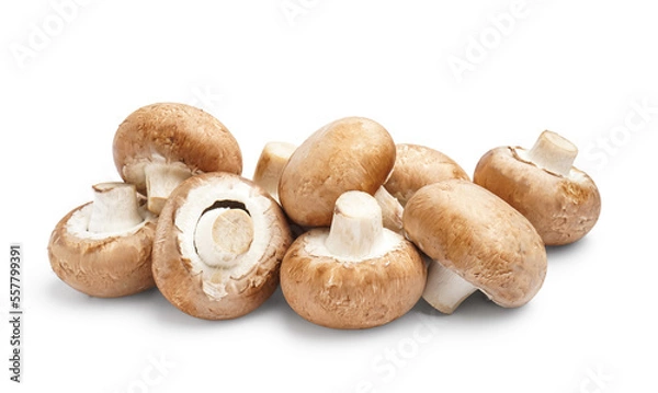 Fototapeta Heap of fresh champignon mushrooms on white background