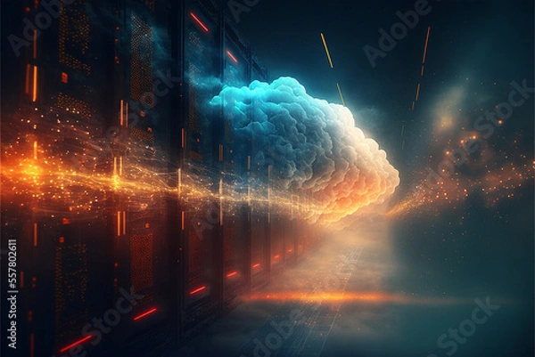 Obraz Futuristischer Korridor von Server, Super-Computer, Cloud-Computing mit Visualisierung von Datenströmen Internet Cloud