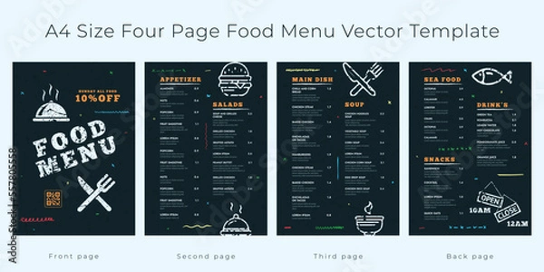Fototapeta Restaurant cafe menu, template design,
A4 Size, Four page food menu template