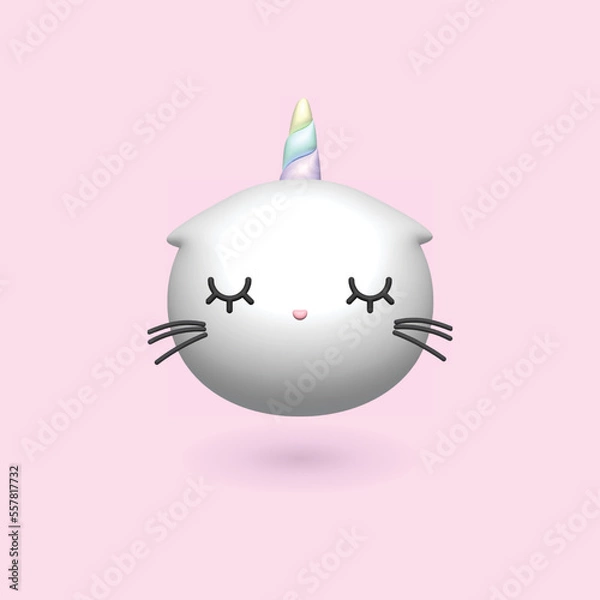 Obraz Cute 3D cat head unicorn eps file. Cute head cat with unicorn horn in pastel.