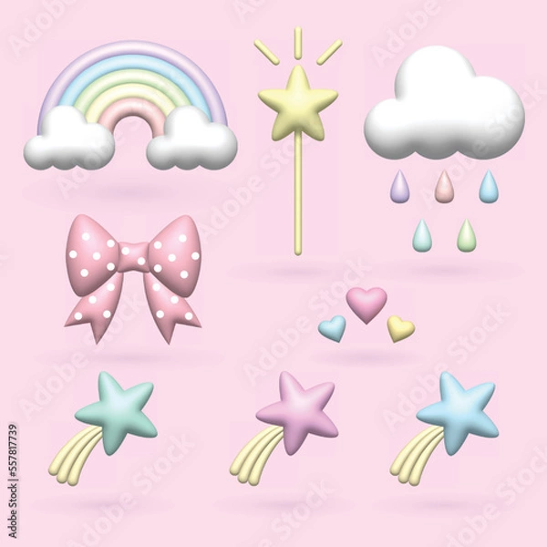 Obraz Cute 3D fairy elements in pastel fairy theme set such as rainbow, cloud, star, and cute bow.