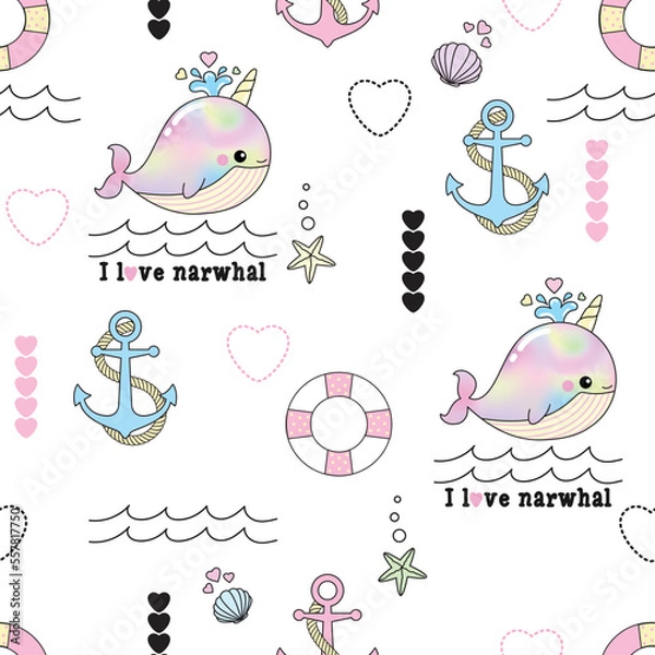 Obraz Cute seamless pattern narwhal and navy theme. Cute rainbow narwhal with unicorn horn decorate with navy elements such as anchor and rubber rings.
