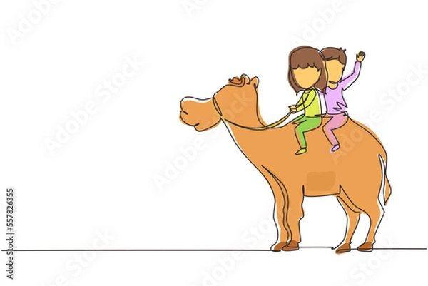 Fototapeta Single one line drawing happy little boy and girl riding camel together. Children sitting on hump camel with saddle in desert. Kids learning to ride camel. Continuous line draw design graphic vector