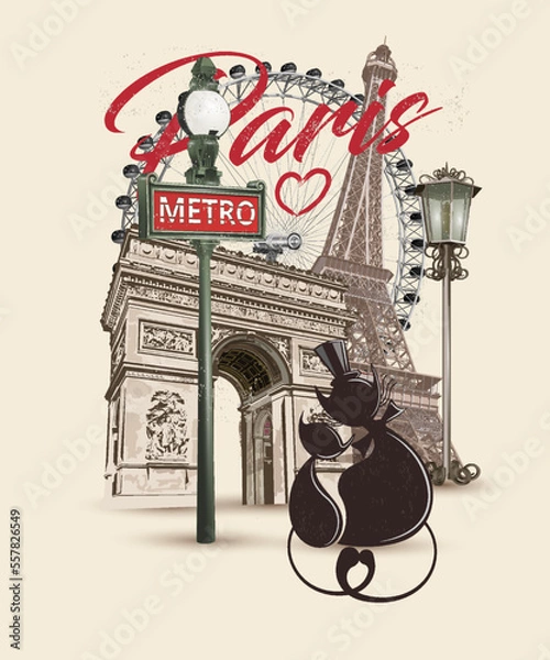Obraz Travel Paris poster with Eiffel Tower and Triumphal Arch,Typography, t-shirt design.