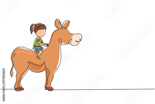 Fototapeta Single one line drawing happy cute girl riding cute donkey. Child sitting on back donkey with saddle in ranch park. Kid learning to ride donkey. Continuous line draw design graphic vector illustration
