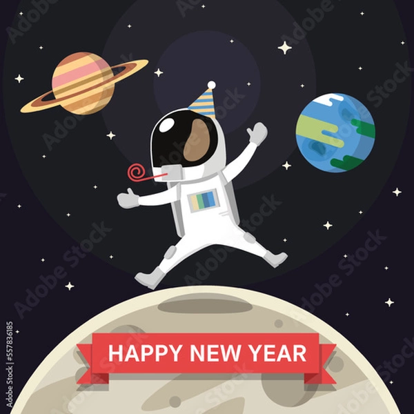 Fototapeta Astronaut Party New Year Celebrate in Space Cartoon Vector Illustration. Space Icon Concept Isolated Premium Vector. Cartoon Style