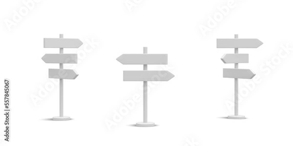Obraz Set of 3d realistic street sign isolated on white background. Direction sign post with arrow. Signboard pointer with wooden pole. Vector illustration