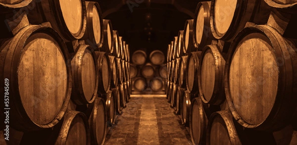 Fototapeta Wine or cognac barrels in the cellar of the winery, Wooden wine barrels in perspective. wine vaults. vintage oak barrels of craft beer or brandy