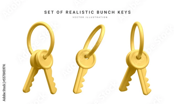 Obraz Set of 3d realistic golden bunch of keys isolated in withe background. Vector illustration