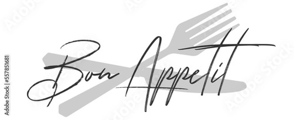 Fototapeta Bon appetit writing with fork and knife. Cutlery fork and spoon with plants. vector sketch. hand drawing isolated	
