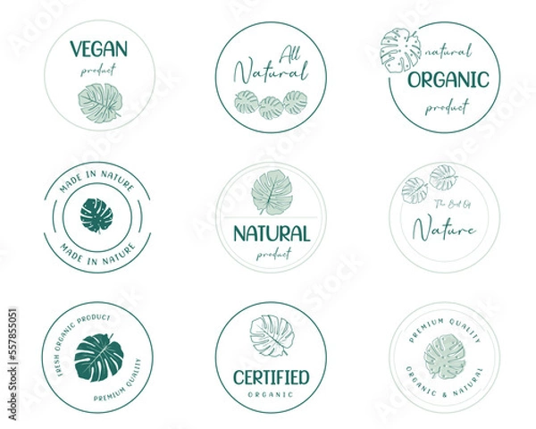 Fototapeta set of organic food, natural product icons and elements collection for food market. Vector illustrations for graphic, packaging design, marketing material, restaurant business.