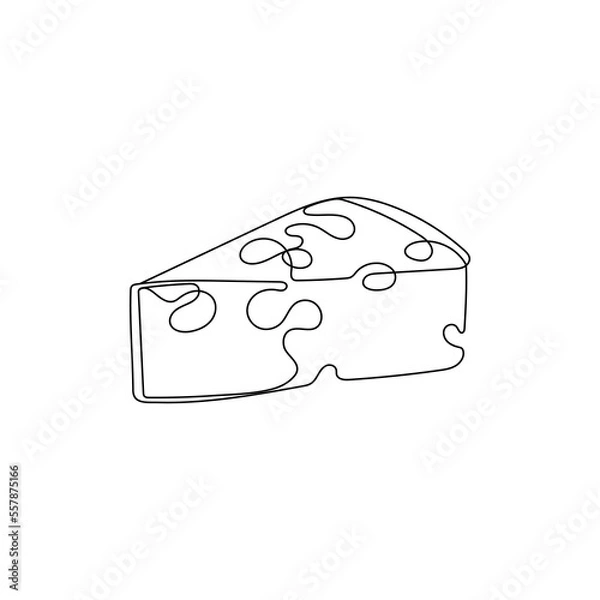 Obraz Piece of cheese with holes in one line drawing style. Dairy, milk products. Hand drawn vector illustration.