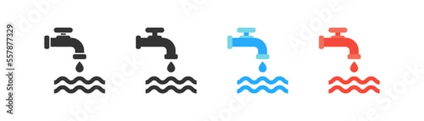 Fototapeta Hot and cold water icon on white background. Water tap with waterdrop. Cold blue and hot red water sign. Water dripping from tap. Drinking symbol. Colored flat design. Vector illustration