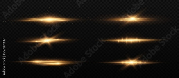 Obraz Golden horizontal lens flares pack, laser beams, light flare. Luminous abstract sparkling lines.